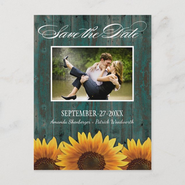 Country Wood Rustic Sunflower Save the Date Cards (Front)