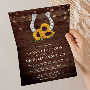 Country Wood Sunflower Horseshoe QR Code Wedding Invitation