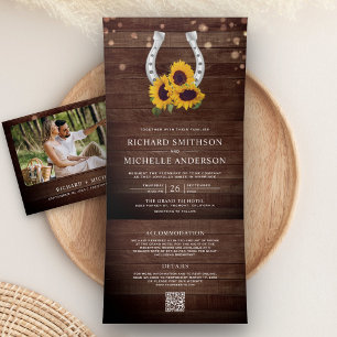 Country Wood Sunflower Horseshoe QR Code Wedding Tri-Fold Invitation