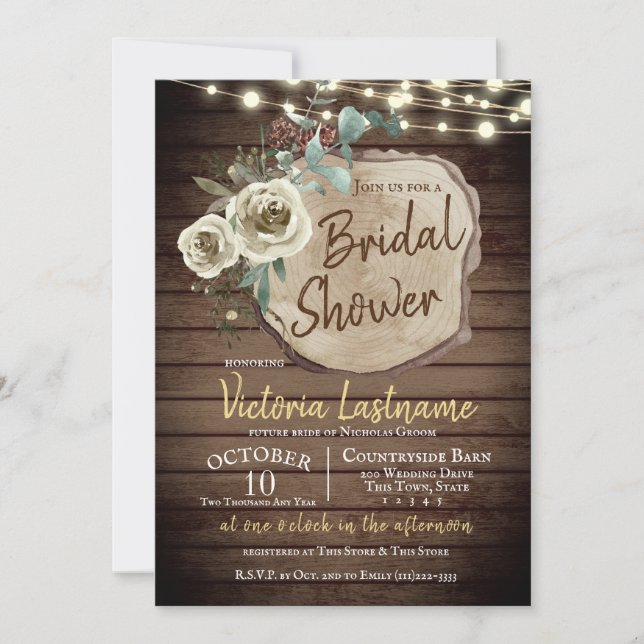 Country Wood Tree Slice Rustic String Lights Invitation (Front)