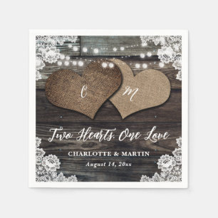 Country Wood Two Hearts Floral Lace Wedding Napkin
