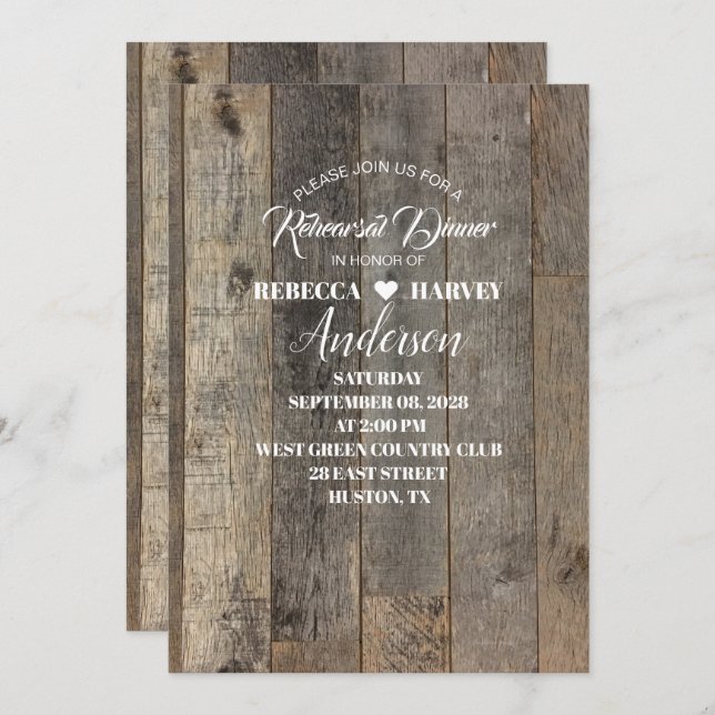 country woodgrain barn wedding rehearsal dinner invitation (Front/Back)