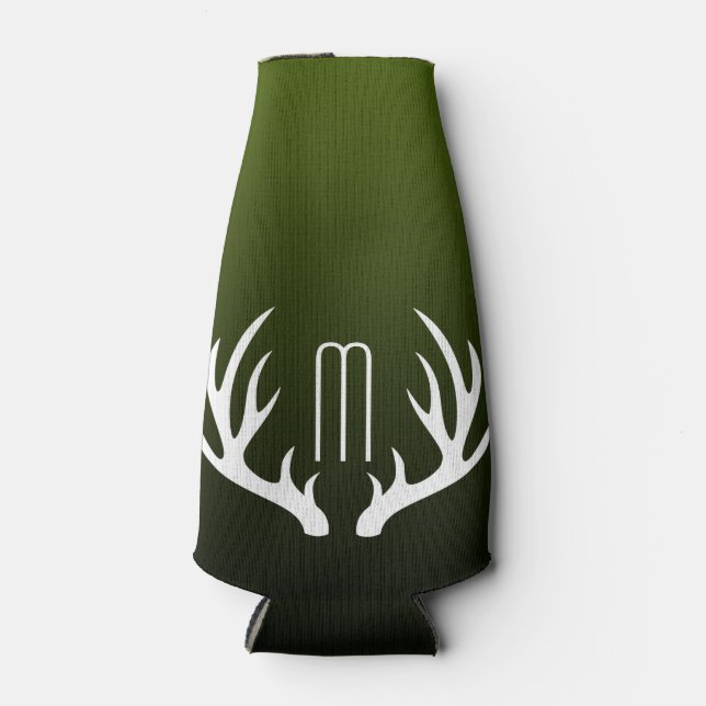 Country Woodland Green White Deer Antlers Bottle Cooler (Front)