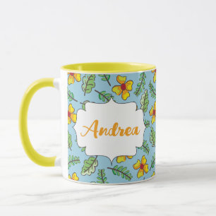 Country Yellow Flowers and Leaves Name Mug