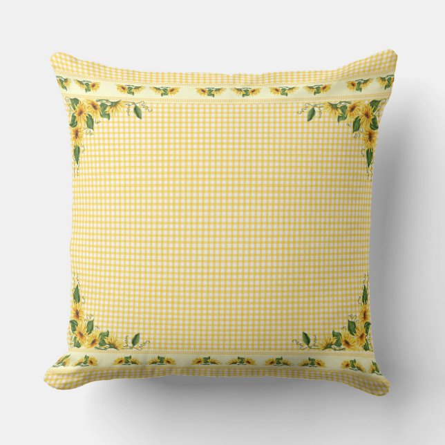 Country Yellow Gingham Sunflowers Cushion (Front)