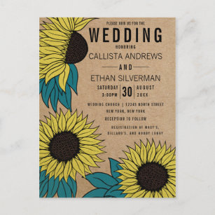 Country Yellow Teal Green Sunflowers Kraft Wedding Invitation Postcard