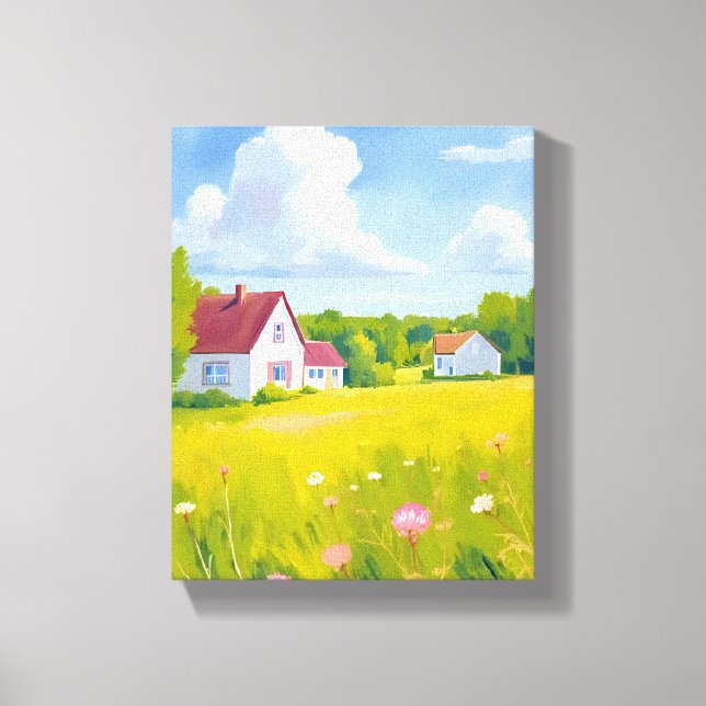 Countryside Abode Lush Green Fields Watercolor Canvas Print (Front)