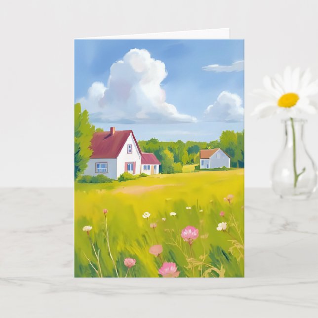 Countryside Abode Lush Green Fields Watercolor Card (Small Plant)