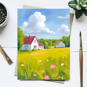 Countryside Abode Lush Green Fields Watercolor Postcard