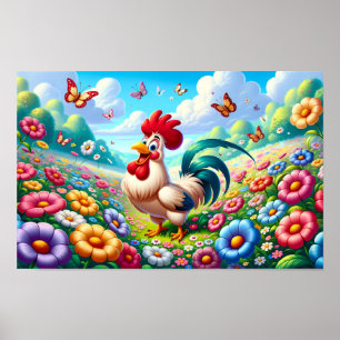 Countryside Charm: Rooster's Floral Haven Nursery  Poster