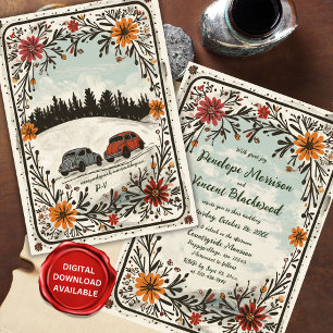 Countryside Cute Cars Boho Floral Wedding Invitation