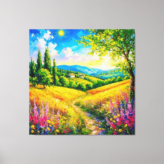 Countryside Landscape With Flowers Canvas Print (Front)