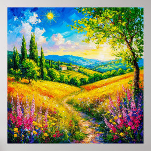Countryside Landscape With Flowers Poster