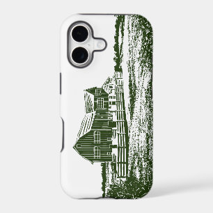 Countryside landscape woodcut style farm house