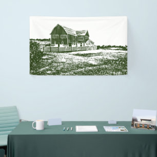 Countryside landscape woodcut style farm house banner