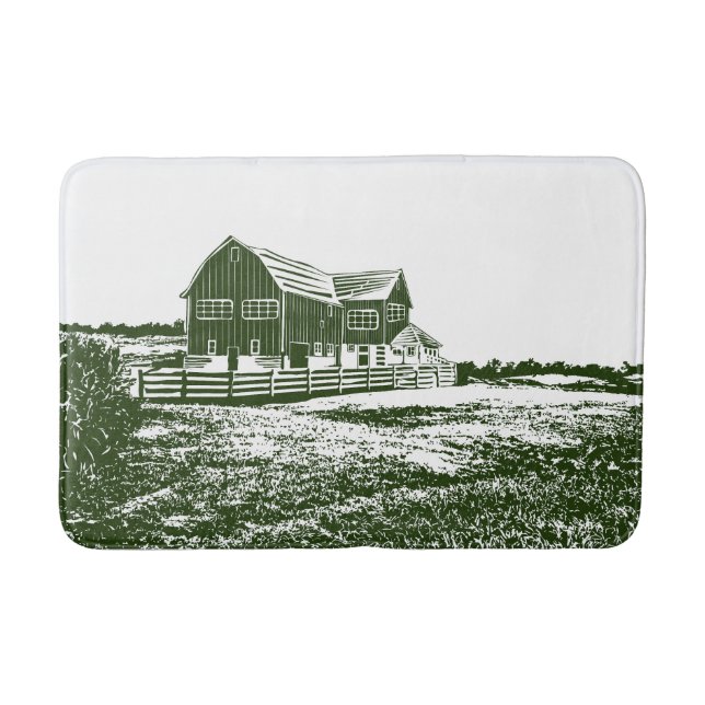 Countryside landscape woodcut style farm house bath mat (Front)