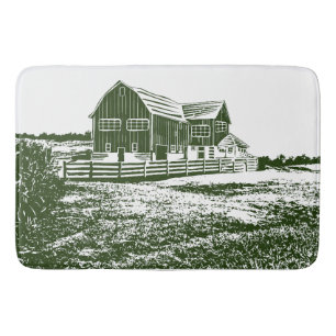 Countryside landscape woodcut style farm house bath mat