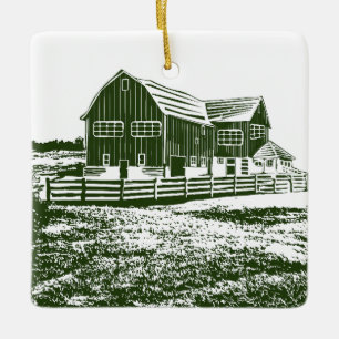 Countryside landscape woodcut style farm house ceramic ornament