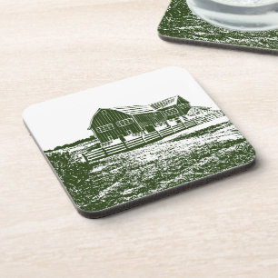 Countryside landscape woodcut style farm house coaster