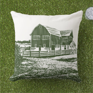 Countryside landscape woodcut style farm house cushion