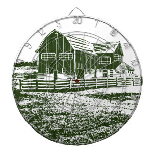Countryside landscape woodcut style farm house dartboard