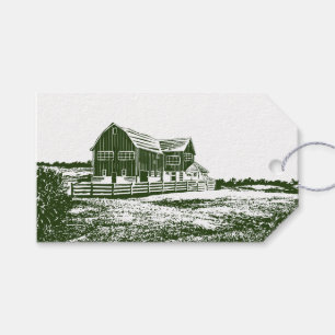 Countryside landscape woodcut style farm house gift tags
