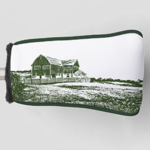 Countryside landscape woodcut style farm house golf head cover