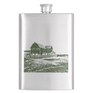 Countryside landscape woodcut style farm house hip flask