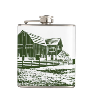 Countryside landscape woodcut style farm house hip flask