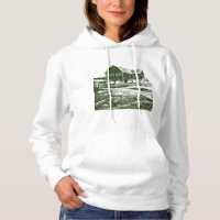 Countryside landscape woodcut style farm house