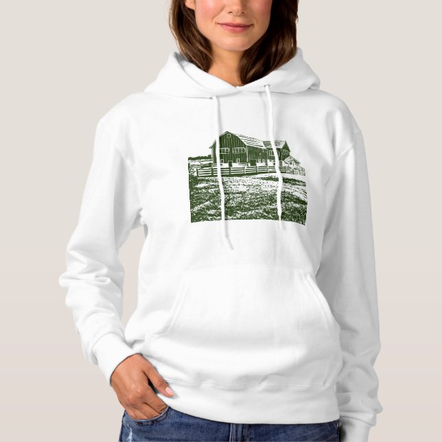 Countryside landscape woodcut style farm house hoodie (Front)