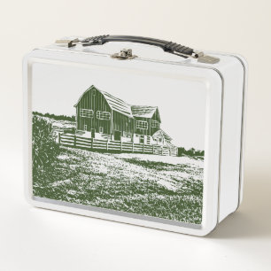Countryside landscape woodcut style farm house metal lunch box