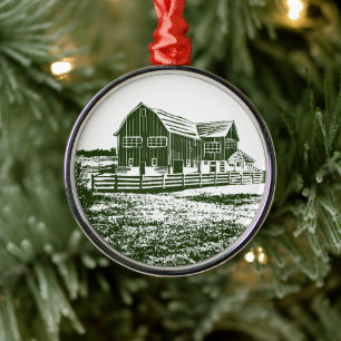 Countryside landscape woodcut style farm house metal tree decoration