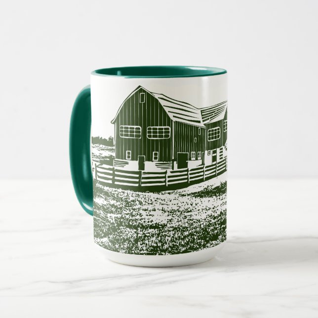 Countryside landscape woodcut style farm house mug (Front Left)