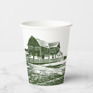 Countryside landscape woodcut style farm house paper cups