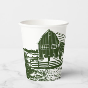 Countryside landscape woodcut style farm house paper cups