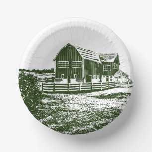 Countryside landscape woodcut style farm house paper plate