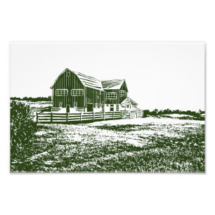 Countryside landscape woodcut style farm house photo print