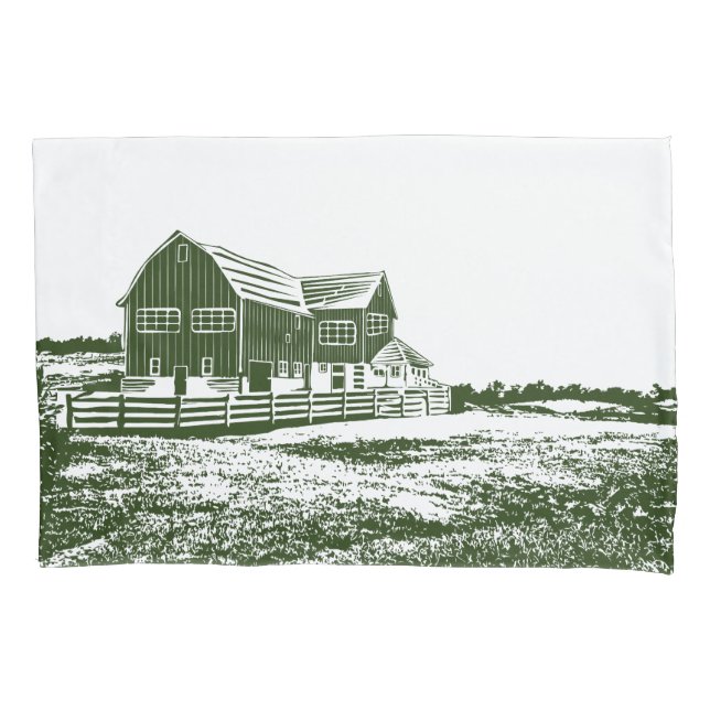 Countryside landscape woodcut style farm house pillowcase (Front-Left)