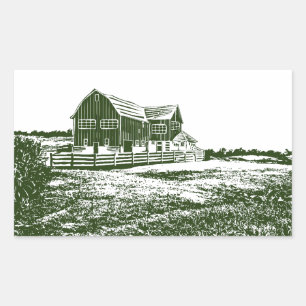 Countryside landscape woodcut style farm house rectangular sticker