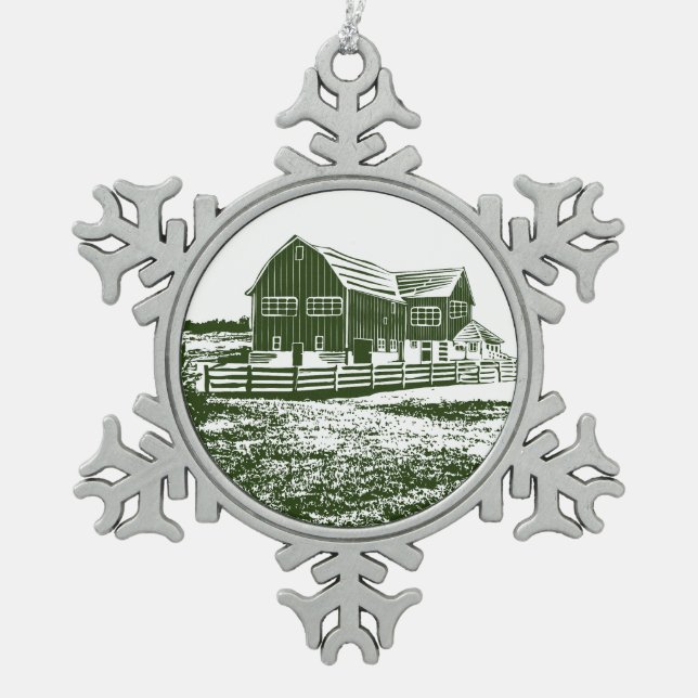 Countryside landscape woodcut style farm house snowflake pewter christmas ornament (Front)