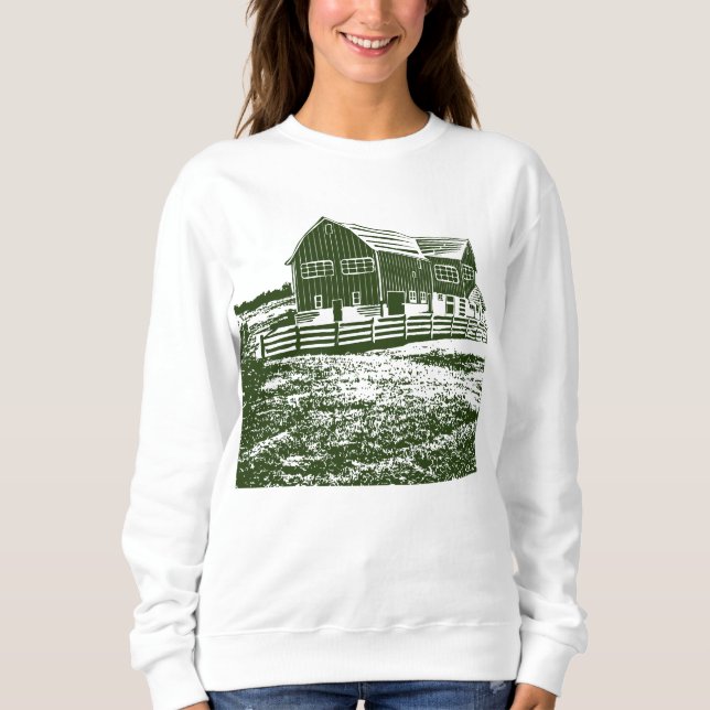 Countryside landscape woodcut style farm house sweatshirt (Front)
