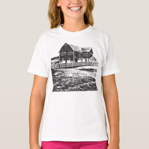 Countryside landscape woodcut style farm house T-Shirt