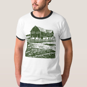 Countryside landscape woodcut style farm house T-Shirt