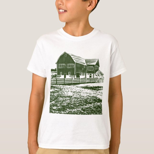 Countryside landscape woodcut style farm house T-Shirt (Front)