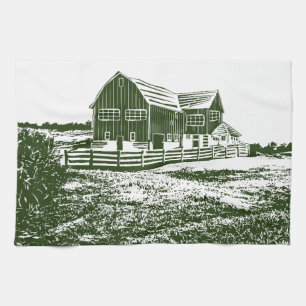 Countryside landscape woodcut style farm house tea towel