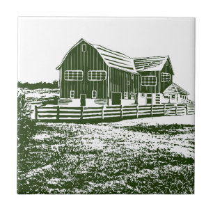 Countryside landscape woodcut style farm house tile