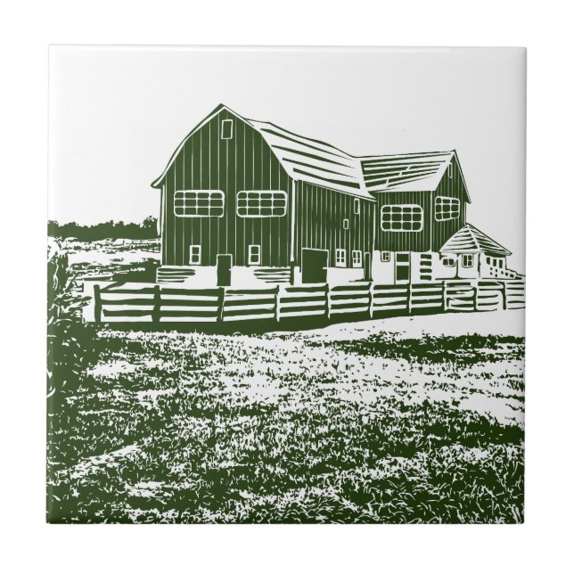 Countryside landscape woodcut style farm house tile (Front)