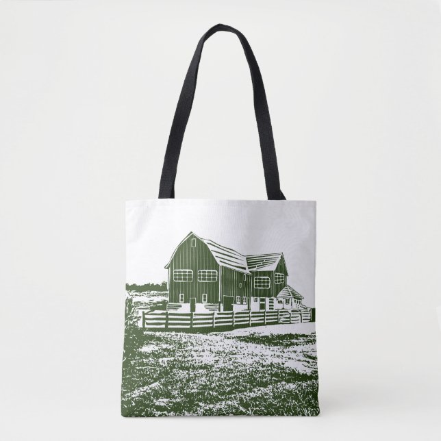 Countryside landscape woodcut style farm house tote bag (Front)