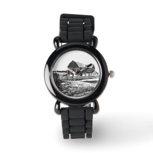 Countryside landscape woodcut style farm house watch